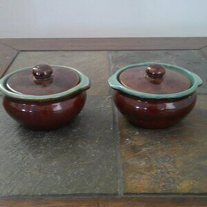 Two Vintage Zanesville Pottery Country Fare Small Crocks With Lids